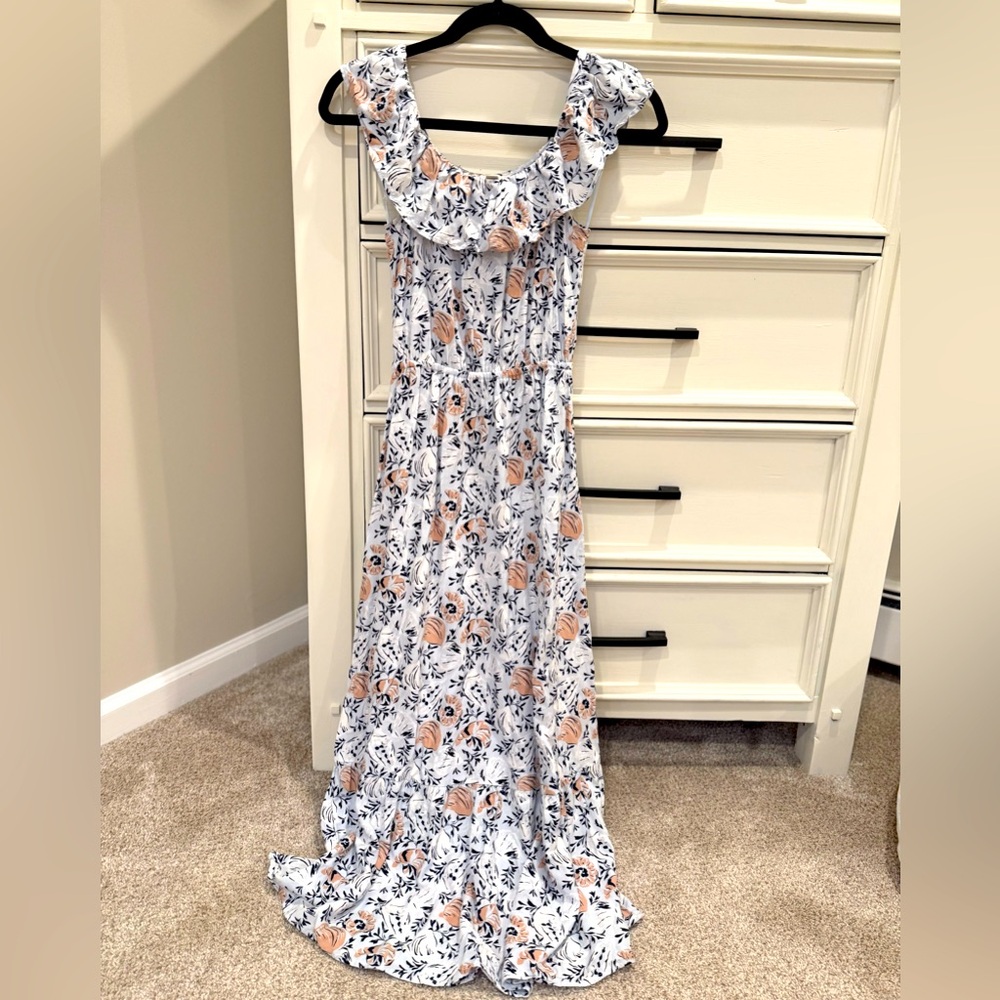 LOFT Blue and White Maxi Sundress with Flutter Cap Sleeves